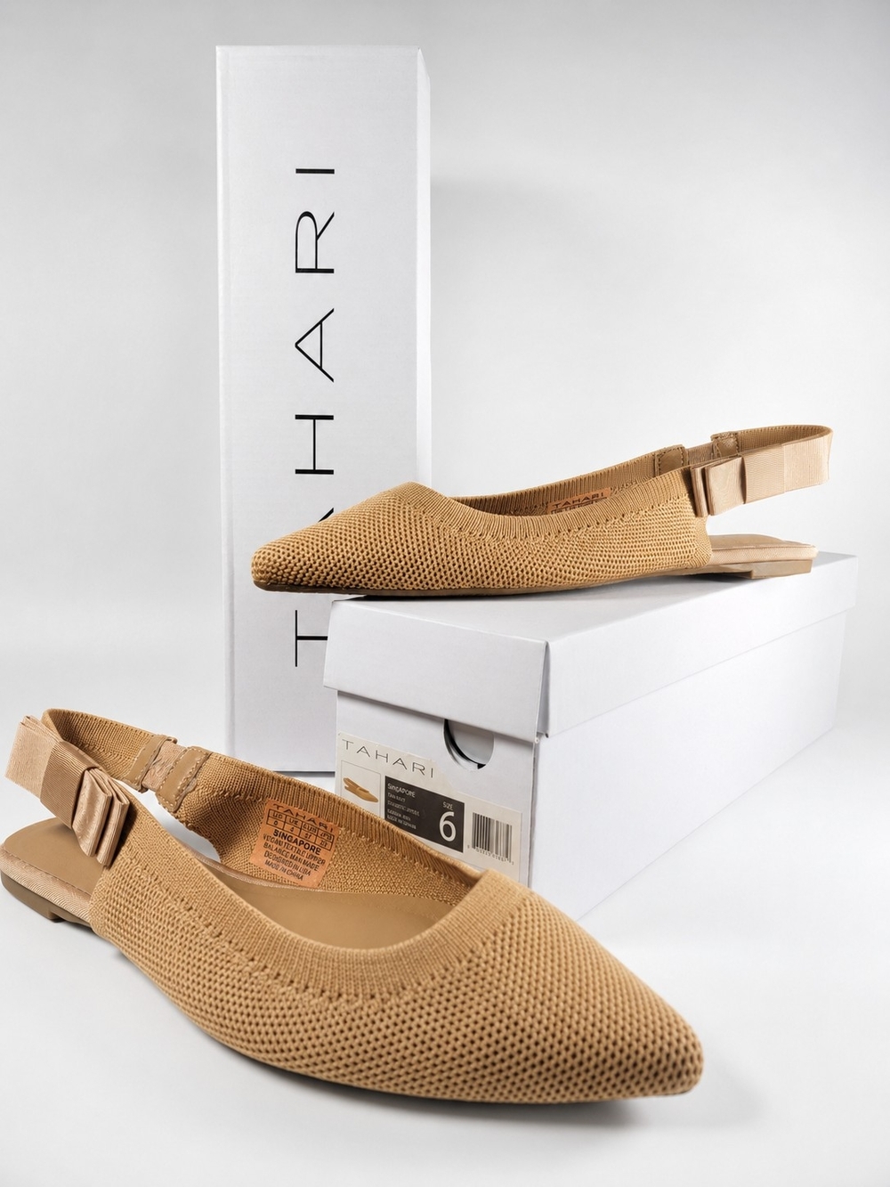 Tahari Singapore Tan Beige Knit Bow Slingback Flats Size 6 NIB/ 7 NWOB